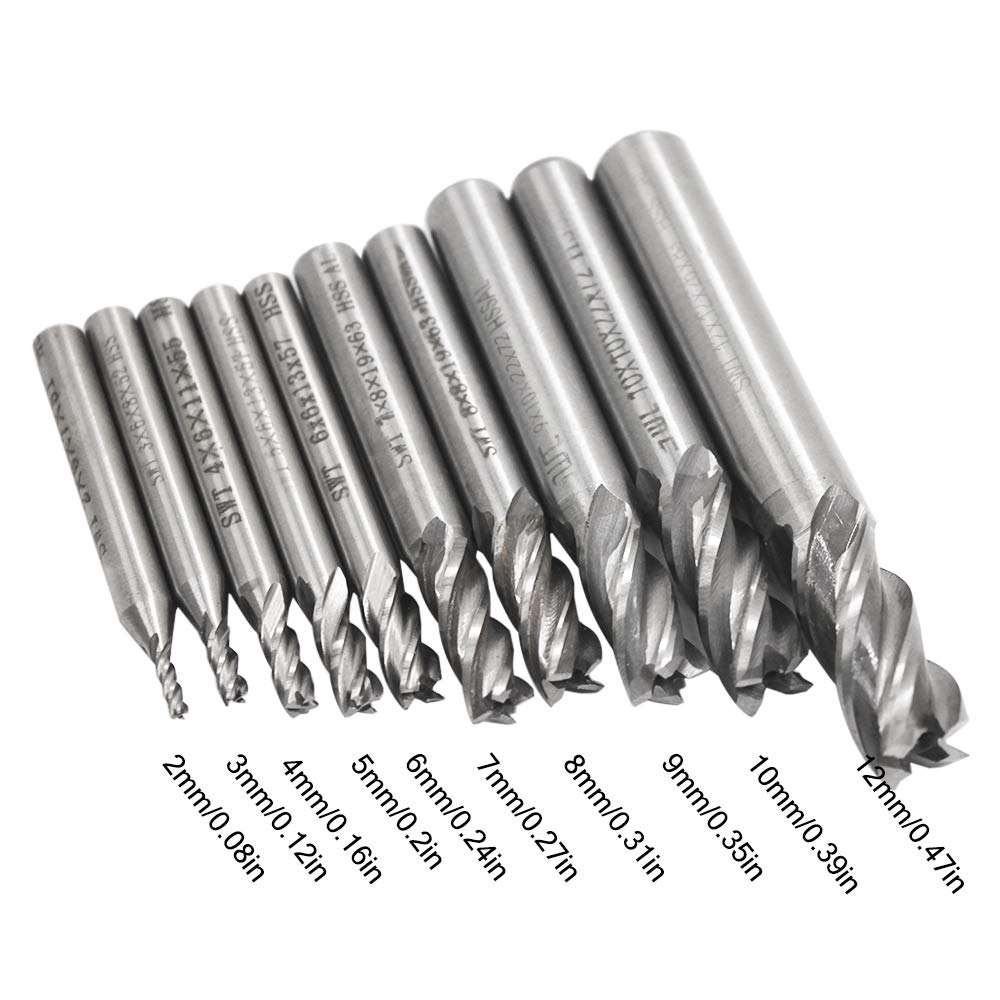 10 PCS 0.08" - 0.47" End Mills, AFUNTA 4-Flute HSS CNC Straight Shank Drill Bit Set Cutter Tool Set for Wood Aluminum Steel Titanium