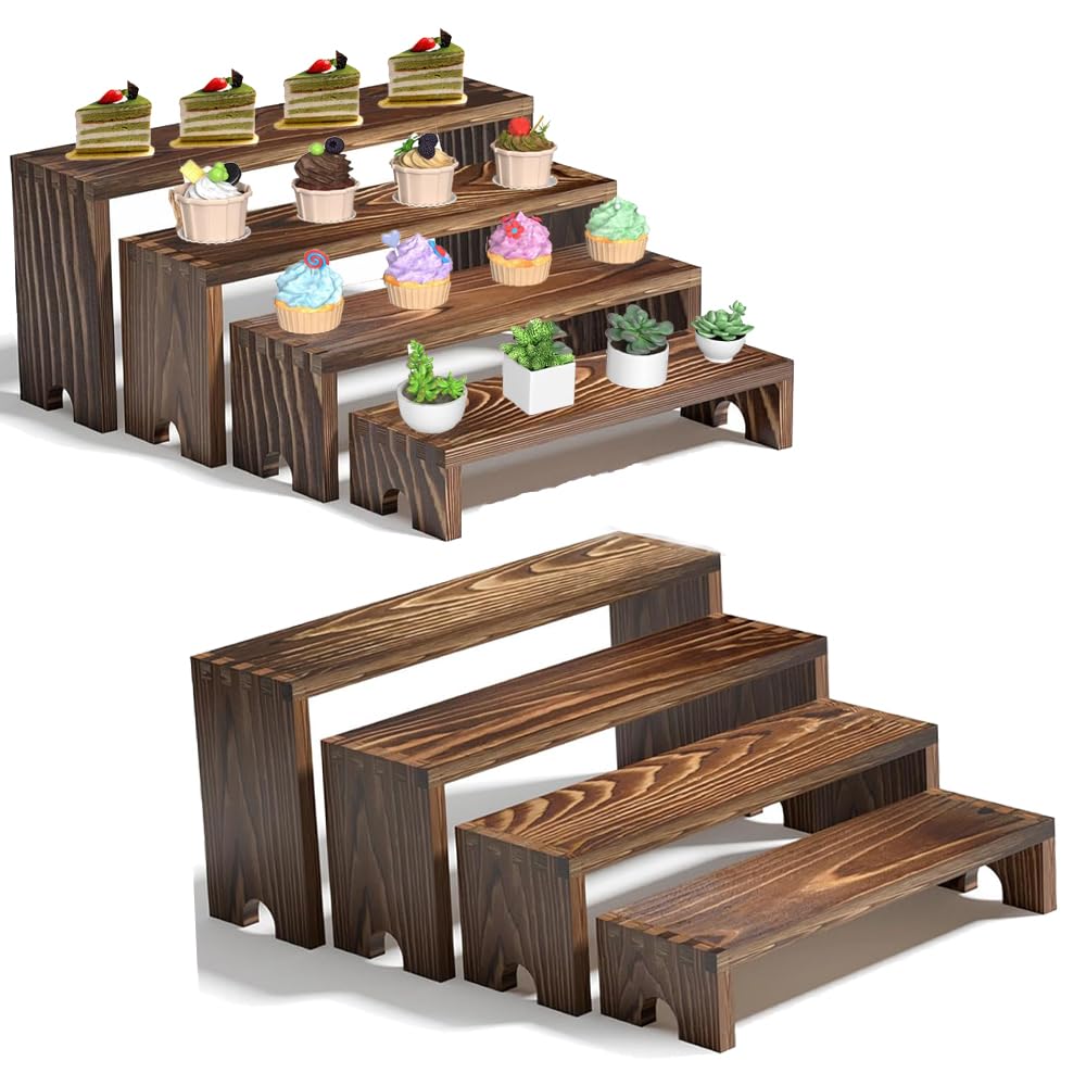 8 Piece Large Wooden Tiered Riser Display Stands, Stackable Wooden Cupcake Stands, 4 Tier Racks Decorative Rectangular, Dessert Table Display Set ,Food Display Risers for Party