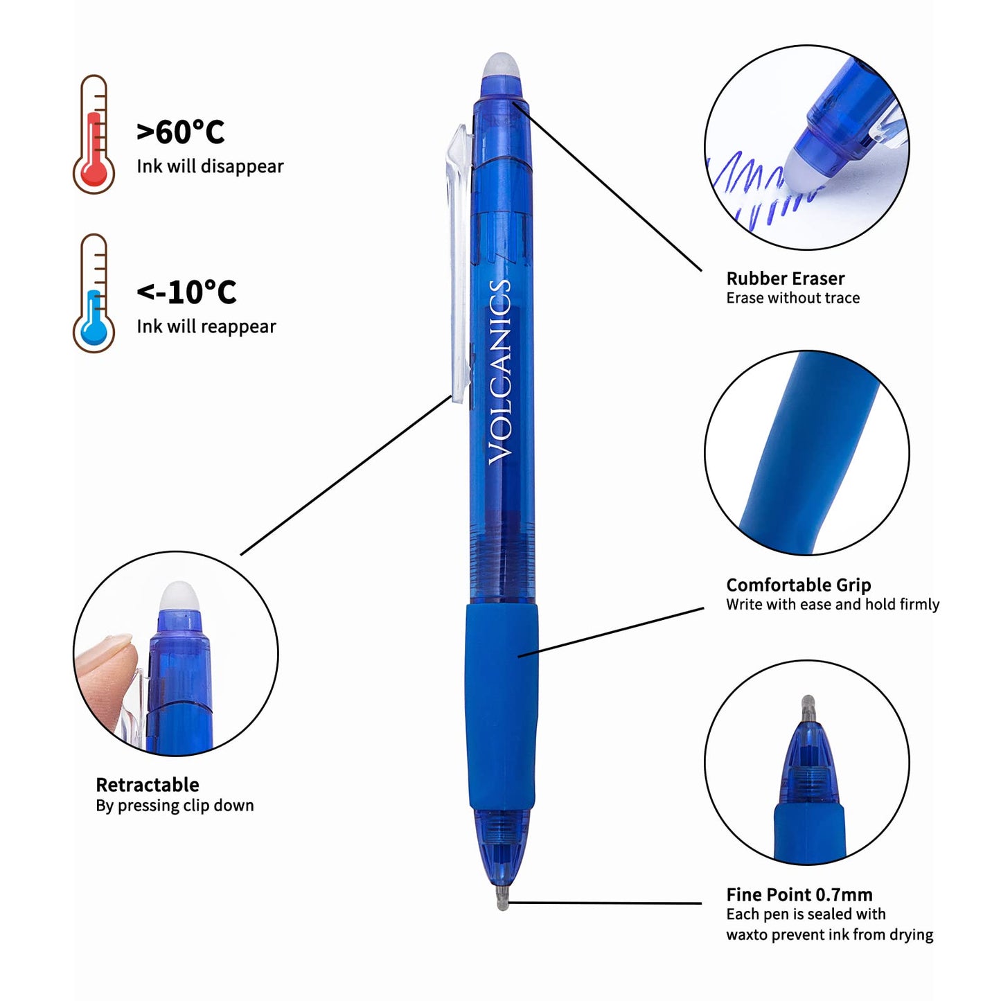 Volcanics Retractable Clicker Erasable Gel Pens - 0.7mm Ball Point, Heat Erase with Built-in Eraser, 36 Pack Blue and Black