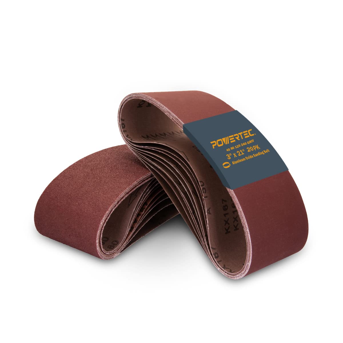 POWERTEC 3 x 21 Inch Sanding Belts, 20PK, 5 Each of 40/80/120/240 Grits Aluminum Oxide Sandpaper, 3x21 Sanding Belt for Portable Belt Sander, Woodworking, Paint Sanding, Metalworking (11043-2)