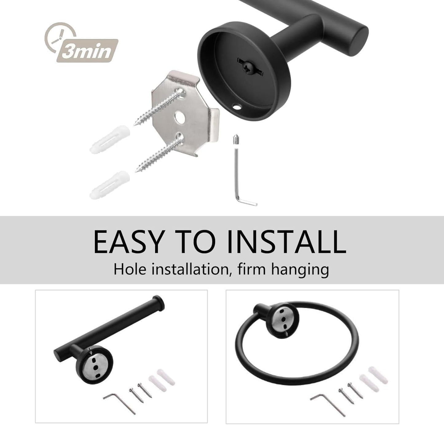 AMMIY Toilet Paper Holder Hand Towel Ring, Stainless Steel Tissue Paper Roll Holder Dispenser Wall Mount Bathroom Hardware Accessories 2 Pieces Set, Matte Black
