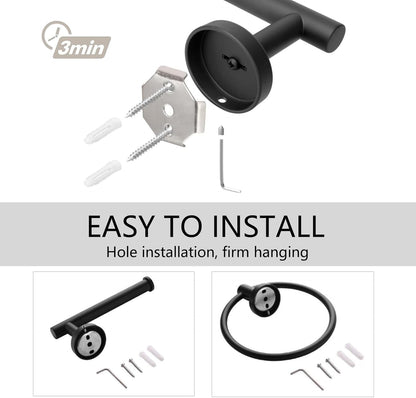 AMMIY Toilet Paper Holder Hand Towel Ring, Stainless Steel Tissue Paper Roll Holder Dispenser Wall Mount Bathroom Hardware Accessories 2 Pieces Set, Matte Black