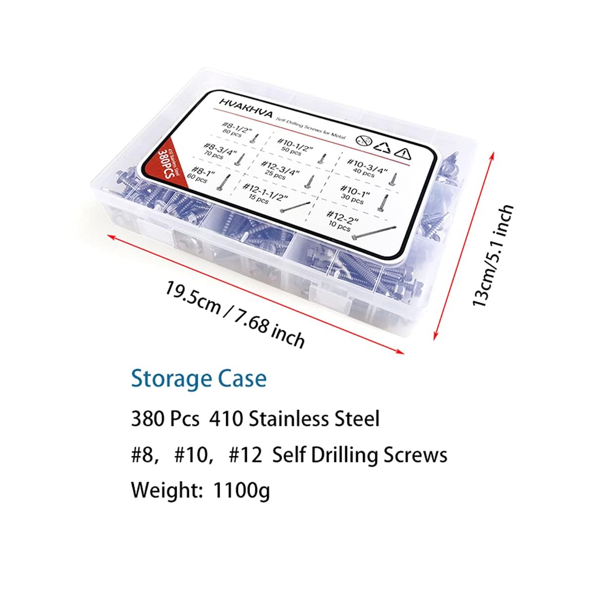 410 Stainless Steel Self Tapping TEK Screws Assortment,#8#10#12 Hex Head Self Drilling Screws for Metal