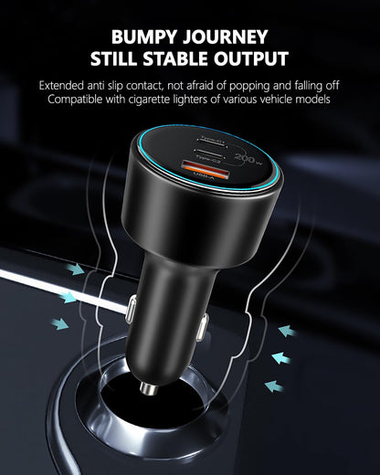 200W Car Charger, USB C Car Charger PD3.0 QC4.0 PPS Fast Charging Car Adapter with 2 100W USB C Cable 3 Port Type C Cigarette Lighter for Dell XPS, MacBook, iPhone 16 15 14, Galaxy S24 Ultra, iPad Pro