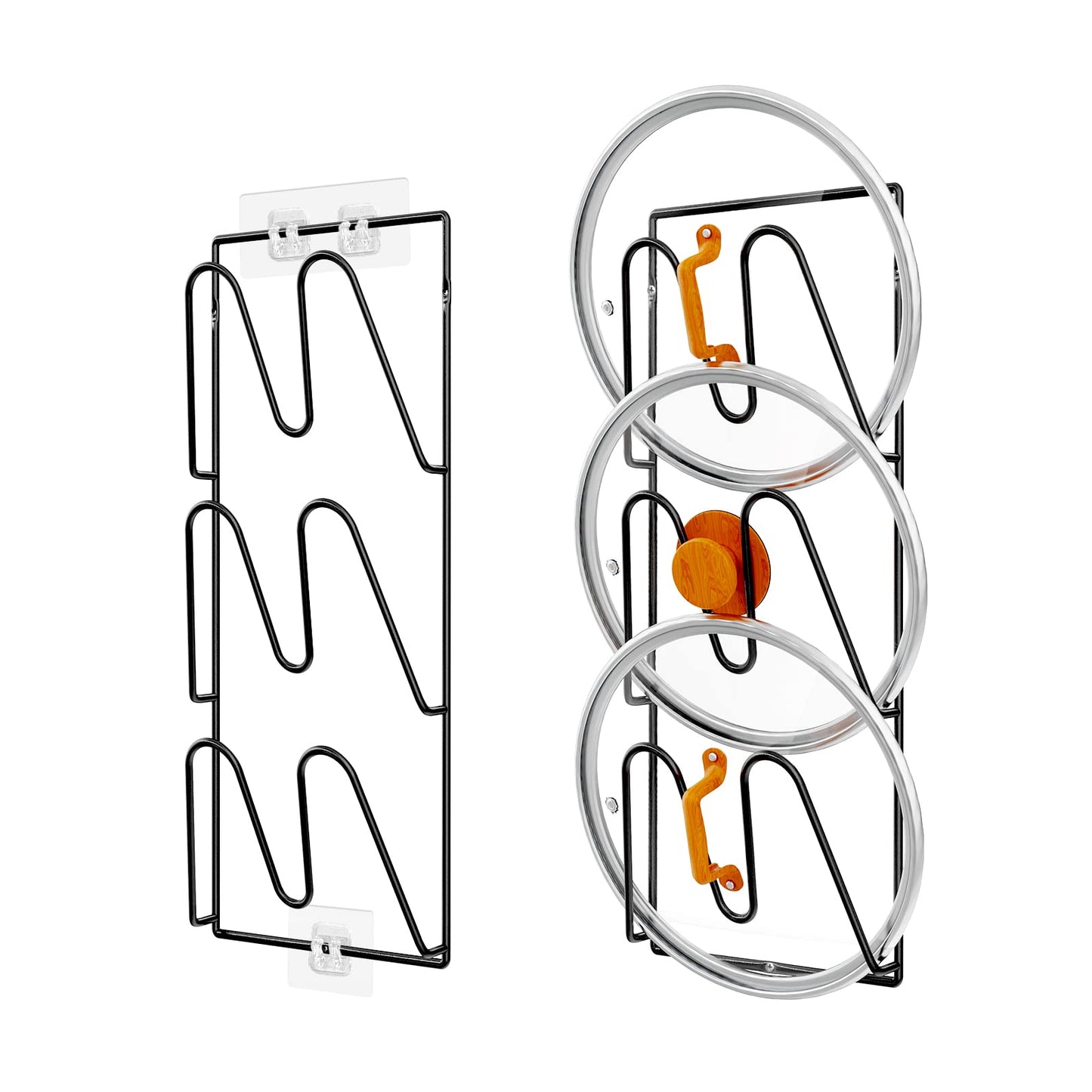 2 Pack Pot Lid Organizer Rack, 6-Tier Pot Lids Holder for Cabinet Door/Wall, No Drilling Adhesive Wall/Door Mounted Rustproof Pot And Pan Cover For Kitchen Storage, Classic Black