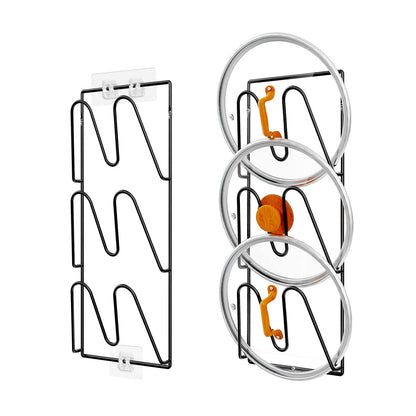 2 Pack Pot Lid Organizer Rack, 6-Tier Pot Lids Holder for Cabinet Door/Wall, No Drilling Adhesive Wall/Door Mounted Rustproof Pot And Pan Cover For Kitchen Storage, Classic Black