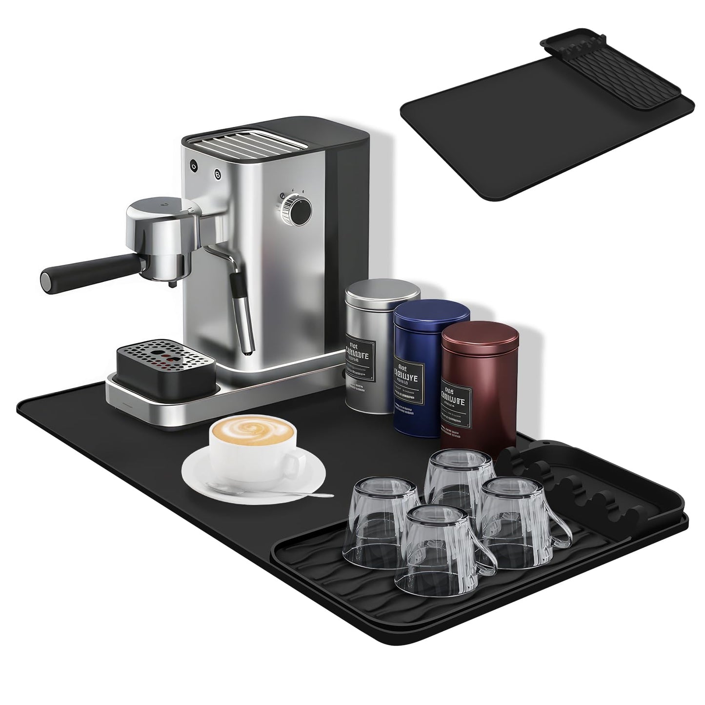 Silicone Coffee Mat 40 * 65 cm Coffee Maker Mat & Bar Mat Leak-Proof Spill-Proof Raised Edges 2 in 1 Removable Countertops Fits Under Coffee Maker for Bars/Restaurants/Cafe/Coffee Shop (Black)