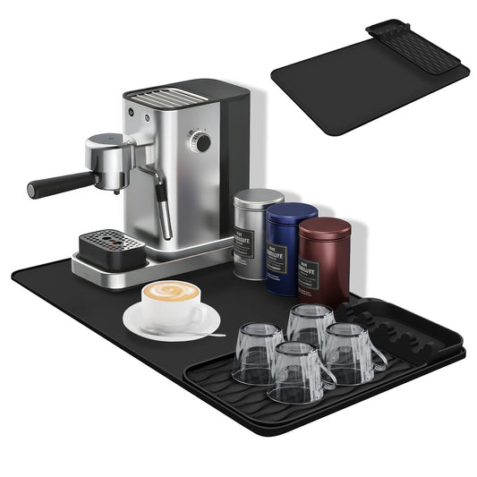 Silicone Coffee Mat 40 * 65 cm Coffee Maker Mat & Bar Mat Leak-Proof Spill-Proof Raised Edges 2 in 1 Removable Countertops Fits Under Coffee Maker for Bars/Restaurants/Cafe/Coffee Shop (Black)