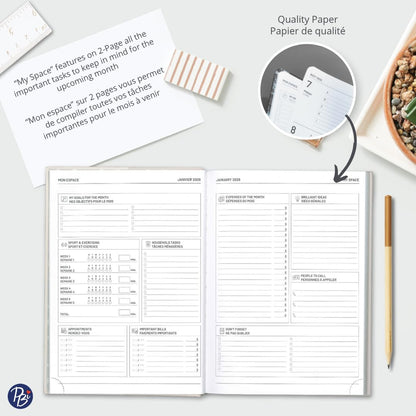 Pierre Belvédère - 2026 Annual Agenda Bilingual - 12 Months - Weekly Planner - 6.9” x 9.6” - Hardcover Clothbound - Year Monthly Planner - Pomegranate - 442482
