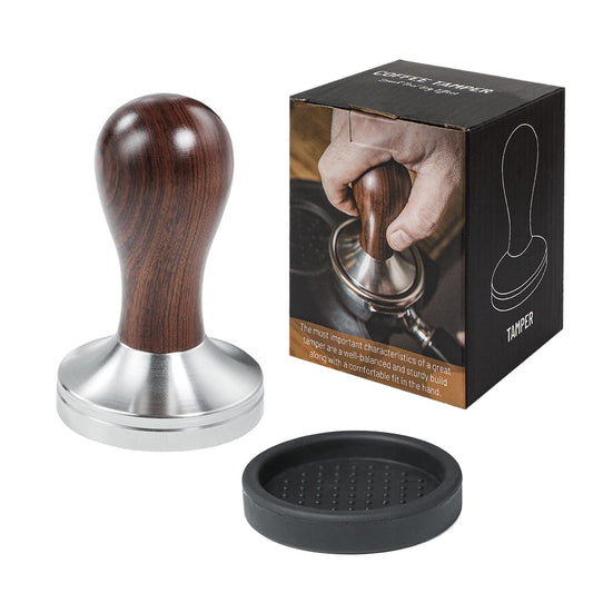 Coffee Tamper Espresso Press with Tamper Mat 304 Stainless Steel Flat Base Wooden Handle for Coffee Grounds Barista Espresso Machines Accessory (53MM)