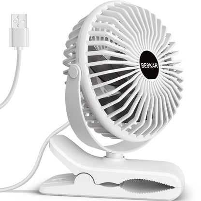 BESKAR USB Powered Clip on Fan, Portable Small Fan with Cord, 3 Speeds Strong Airflow, Personal Fan with Sturdy Clamp, Quiet Desk Fan & Clip Fan