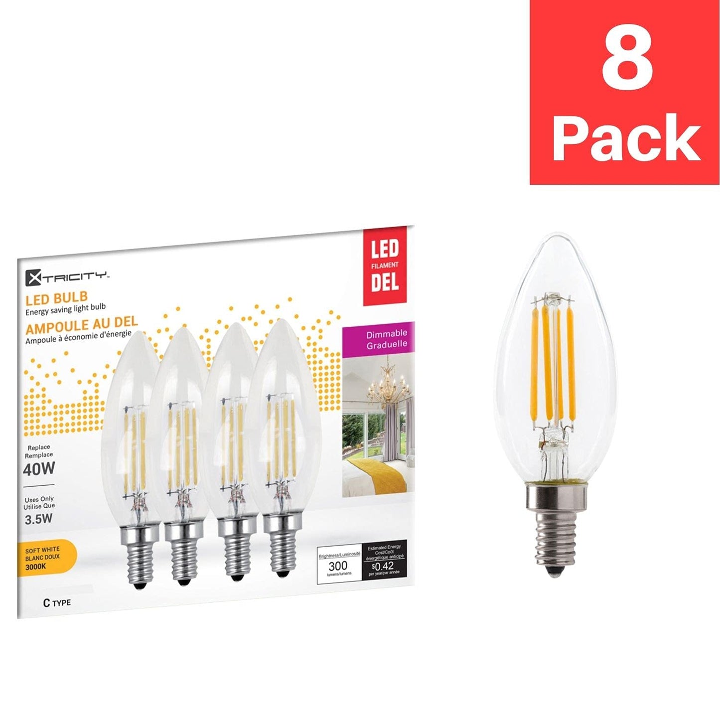 Xtricity B11 LED Bulb with E12 Base, 3.5W Torpedo Filament Chandelier Bulb, 40W Equivalent, 300 Lumens, B11 Bulb Soft White 3000K, Dimmable, 120V, Candelabra Base, Clear Glass, (8 Pack)