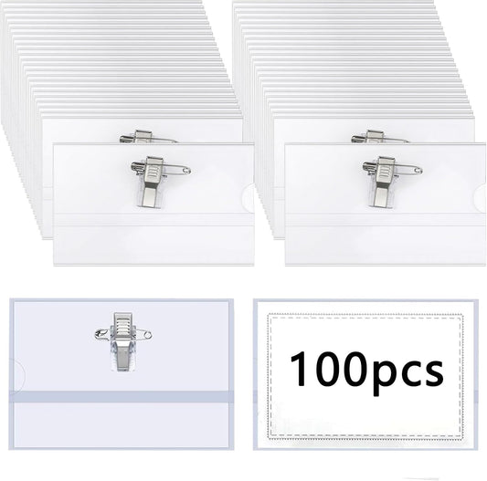 Yharnamite 100 Pcs Name Tag with Clip and Pin, Plastic Name Badge Holders, ID Badge Holder, Clear Waterproof Horizontal ID Card Holder for School, Offices, Business Corporate Event