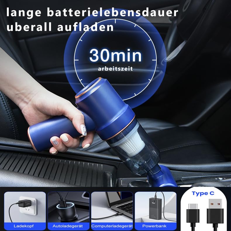 Handheld Vacuum Cleaner Wireless Mini Car Vacuum Cleaner, 15000 PA Lightweight Vacuum Cleaner & Blower Dust Buster,Powerful Handheld Vacuum Cleaner for Car, Kitchen, Pet Hair Cleaning (Navy Blue)