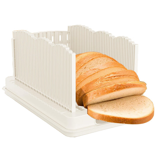 Qeedee Sourdough Bread Slicer for Homemade Bread, Foldable and Adjustable Cutting Guide with Crumb Tray, 3 Slice Sizes for Homemade Bagels, Buns, Cakes, White