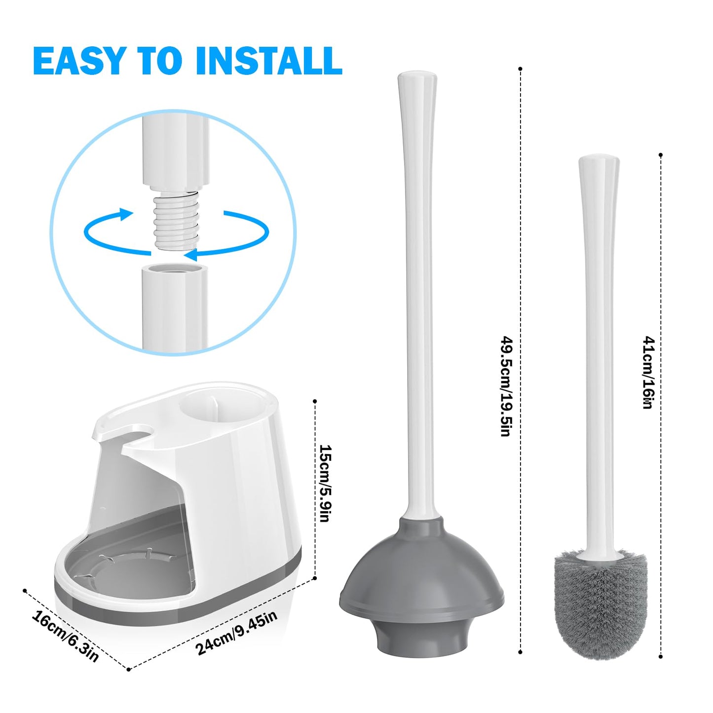 Toilet Plunger and Brush Set, Bowl Brush and Heavy Duty Toilet Brush with Ventilated Holder, 2-in-1 Toilet Brush and Plunger Combo for Bathroom Deeply Cleaning(White & Grey)
