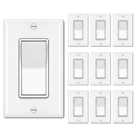 [10 Pack] BESTTEN Single Pole Decorator Wall Light Switch with Wallplate, 15A 120/277V, On/Off Rocker Paddle Interrupter, cUL Listed, White