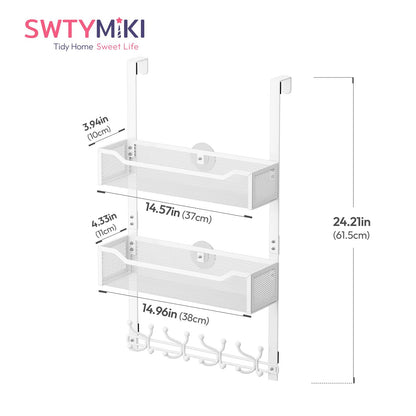 SWTYMIKI Over The Door Hook with 16 Hooks & 2 Mesh Baskets - Heavy Duty Over The Door Organizer Hanger for Towels, Coats, Clothes - Space Saving Hanging Rack for Bathroom, Living Room, White