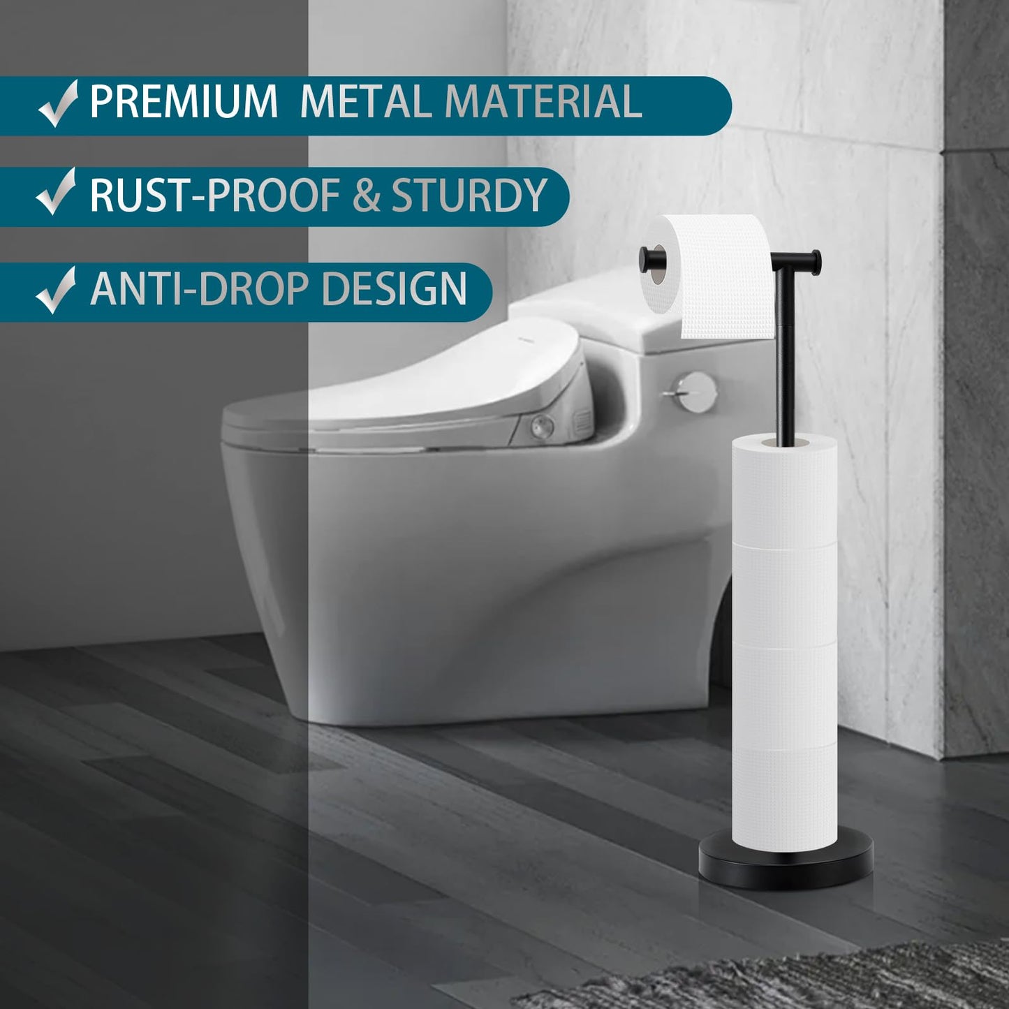 Toilet Paper Holder Stand, Toilet Paper Holder Free Standing with Stable Weighted Base, Water Proof & Rustproof Toilet Paper Stand Black, Large Capacity Free Standing Toilet Paper Roll Holder