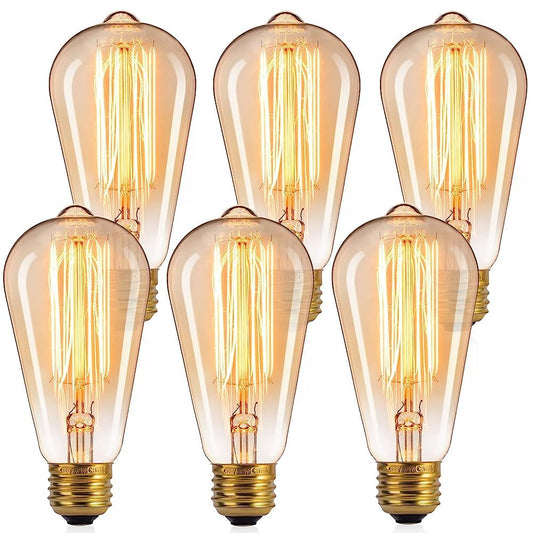 Vintage Edison Light Bulbs 6 Pack, 60W Incandescent Bulbs with E26 Base, Dimmable Antique Filament Bulbs, 280 Lumens Amber Warm Light for Chandelier, Pendant and Home Decor
