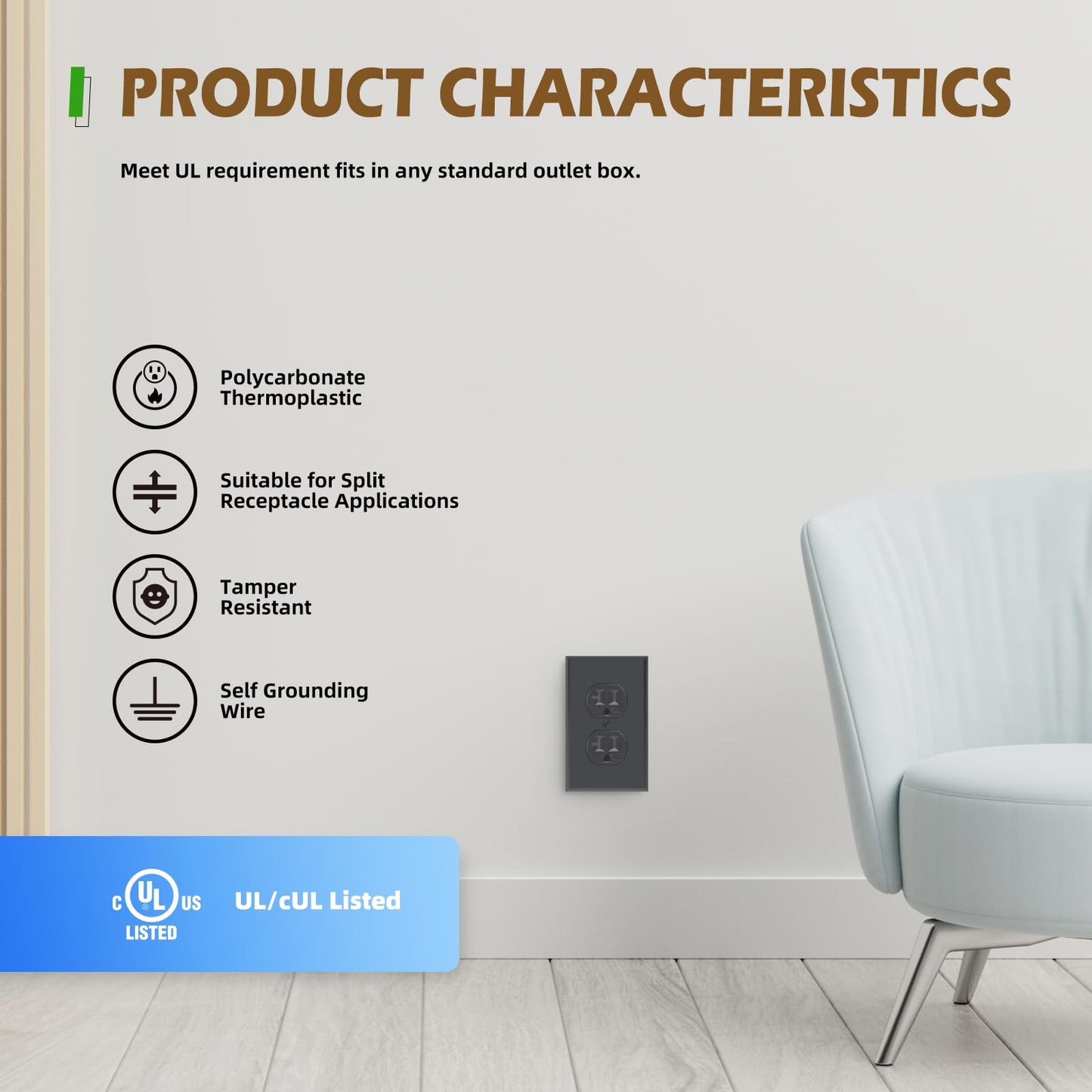 TOPELER Duplex Electrical Outlets, Residential Grade Receptacle Outlet, 20Amp 125V, Self-Grounding, 2-Pole, 3-Wire, Standard Electrical Wall Socket with Wall Plate, UL Listed, Black, 10 Pack