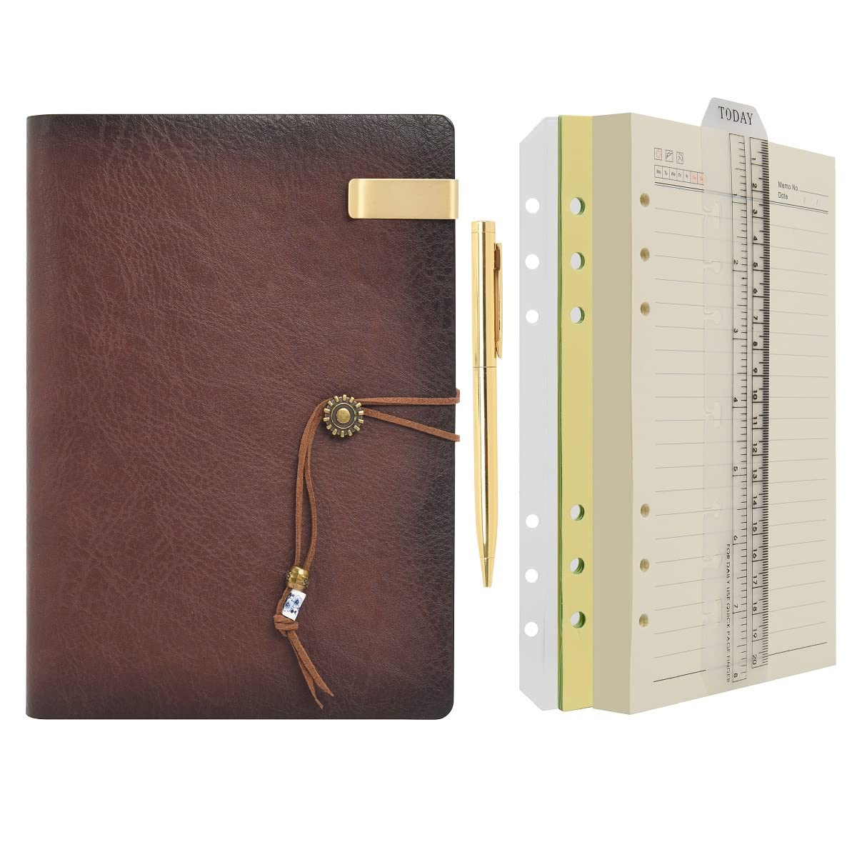 Wonderpool Leather Journal Lined Paper Notebook & Pen - Refillable 6 Ring Binder Writing Spiral Diary with Ruled Notepads Vintage Cover for Office Travel Work and Plan Agenda (a-Brown, A5)