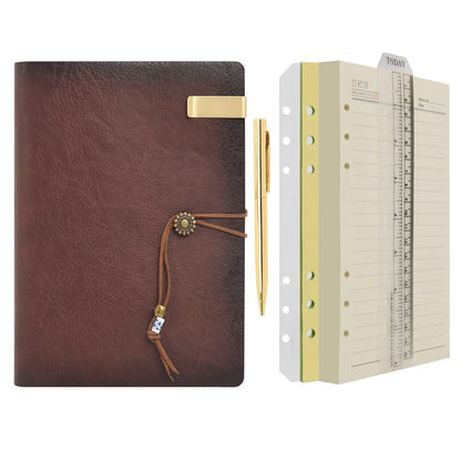 Wonderpool Leather Journal Lined Paper Notebook & Pen - Refillable 6 Ring Binder Writing Spiral Diary with Ruled Notepads Vintage Cover for Office Travel Work and Plan Agenda (a-Brown, A5)