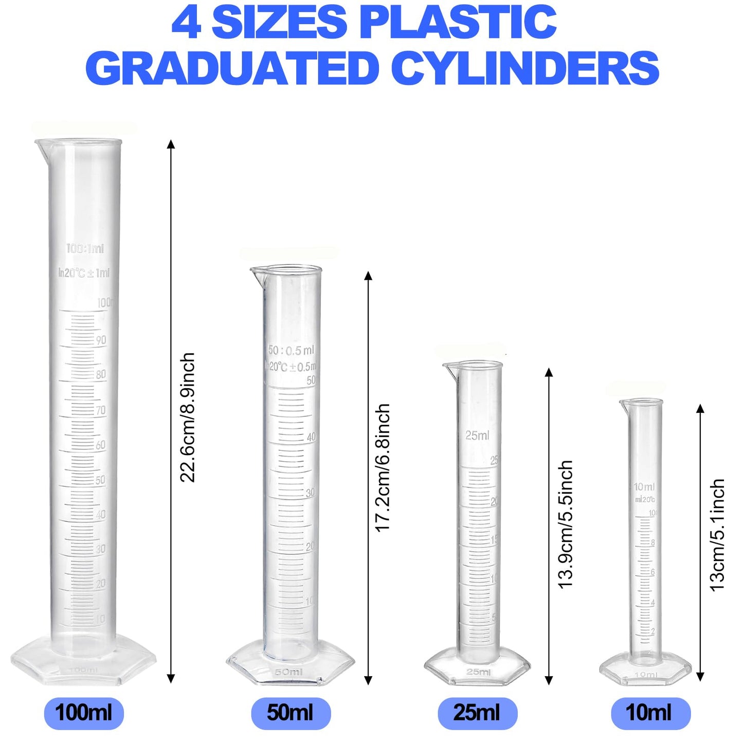 Bekith 18 Pack Plastic Clear Graduated Cylinders and Measuring Beakers Set, 10ml, 25ml, 50ml, 100ml Cylinders with 50ml, 100ml, 250ml, 500ml, 1000ml Beakers
