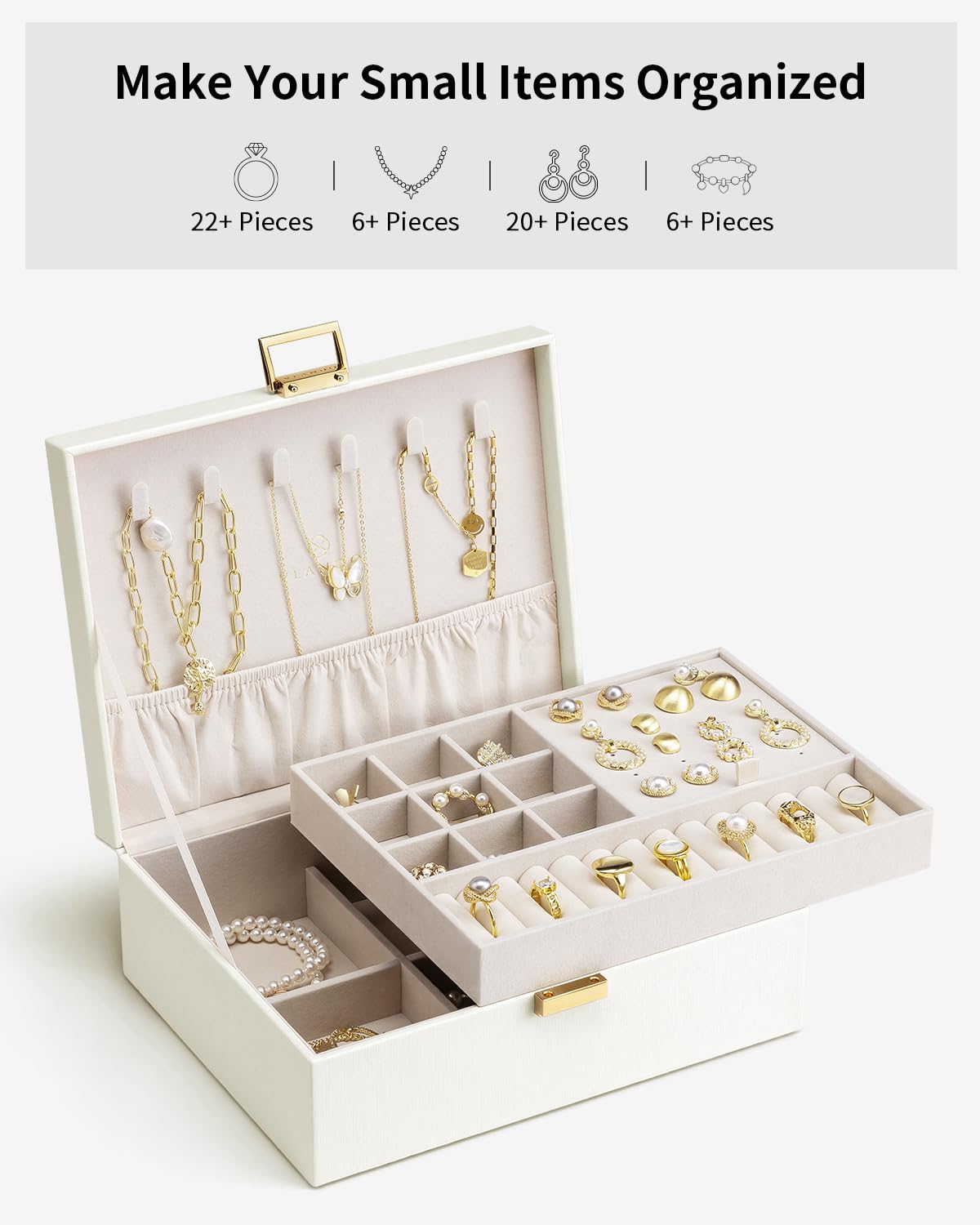 Vlando 2 Layer Jewelry Box Large Jewelry Organizer for Women Removable Jewelery Tray for Necklace Earrings Rings Bracelets Jewelry Boxes for Women Gift (White)