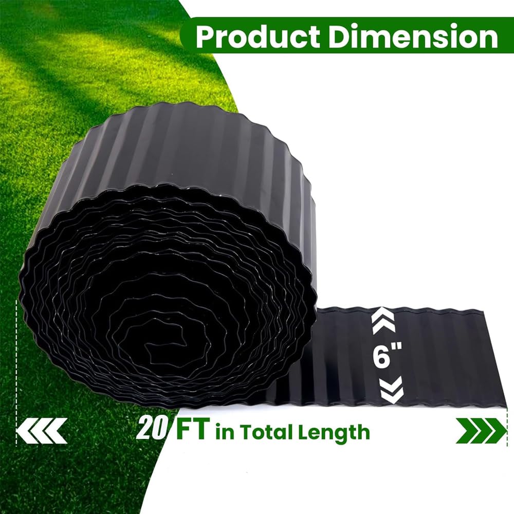 Black Corrugated Metal Landscape Edging,6"×20FT Sturdy Lawn Edging Border for Lawn, Flower Bed, Garden Fence, Paver Edgings