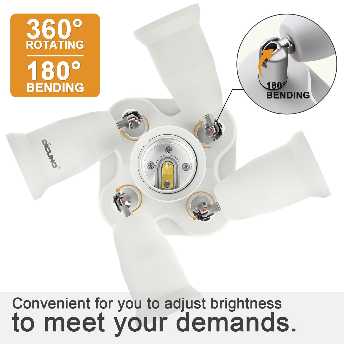 DiCUNO 5 in 1 E26/E27 Socket Adapter, 5 Way Splitter E26/E27 Standard LED Bulbs Holder, Converter Chandelier Socket with 360 Degrees Adjustable 180 Degree Bending, Max Wattage 300W