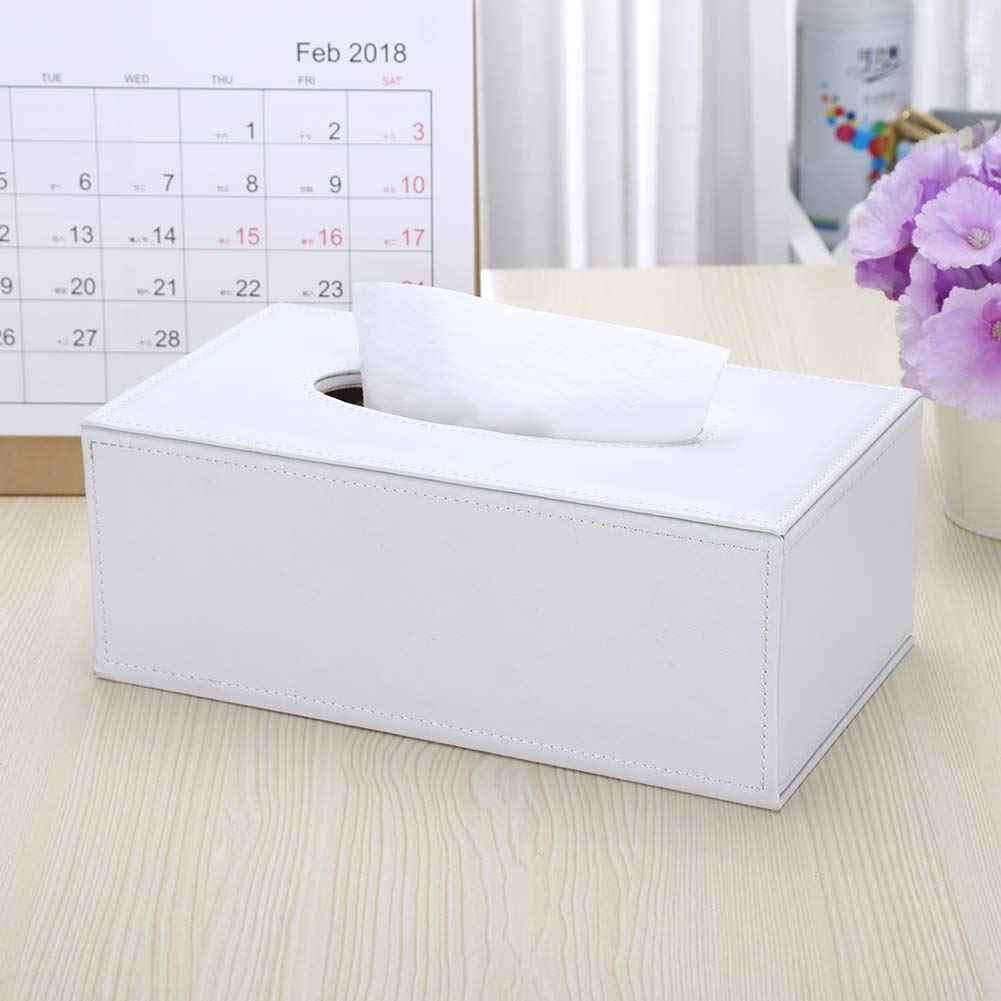 KINGFOM Rectangular PU Leather Facial Tissue Box Napkin Holder for Home Office, Car Automotive Decoration (White)