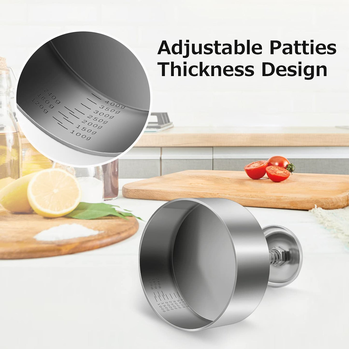 TIANTOU Burger Press, Stainless Steel Adjustable Hamburger Meat Press, Non Stick Patty Press are Suitable for Beef, Vegetables, Burgers and Cooking,BPA Free - Ideal for BBQ, Silver