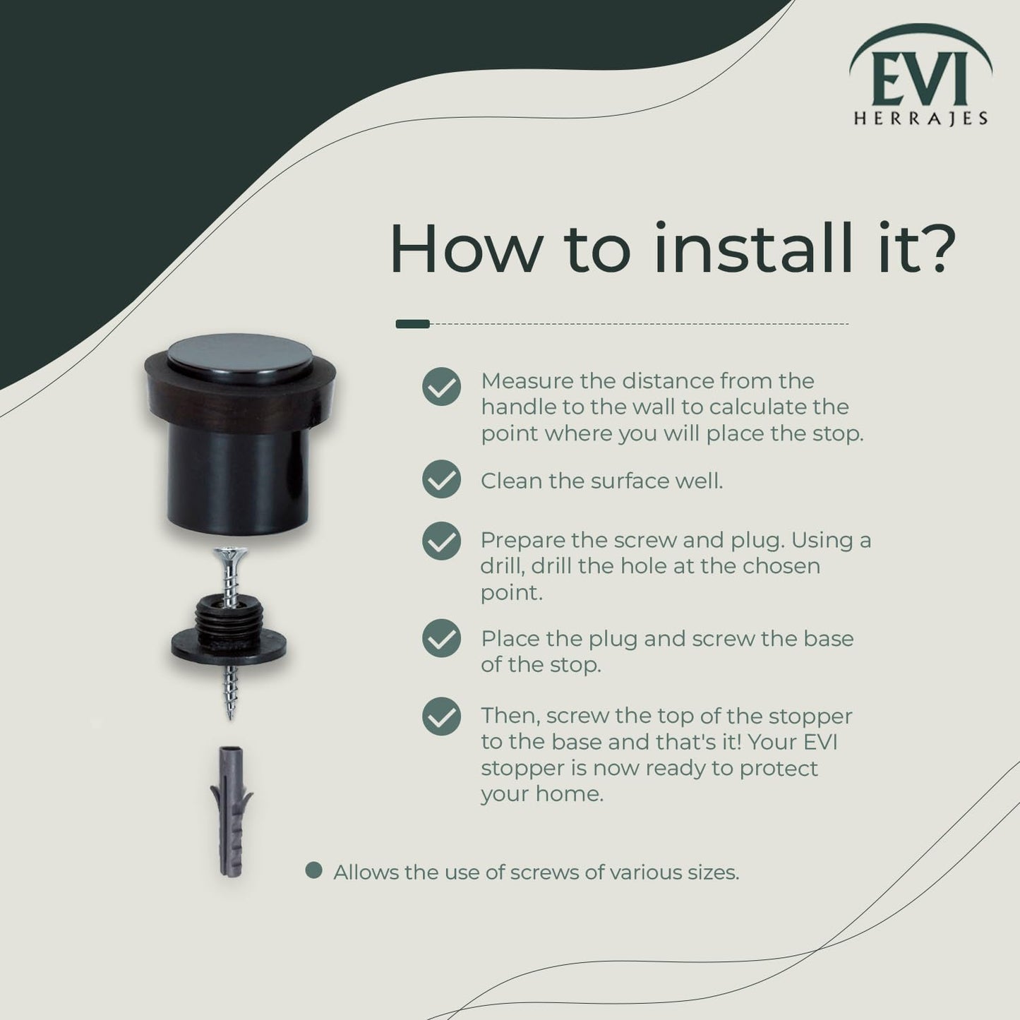 EVI | Floor Doorstop | 25X20cm | Threaded Base | Black Lacquered - Black Rubber | Stainless Steel | Includes Screw + Clamping Anchor | Mod I-181