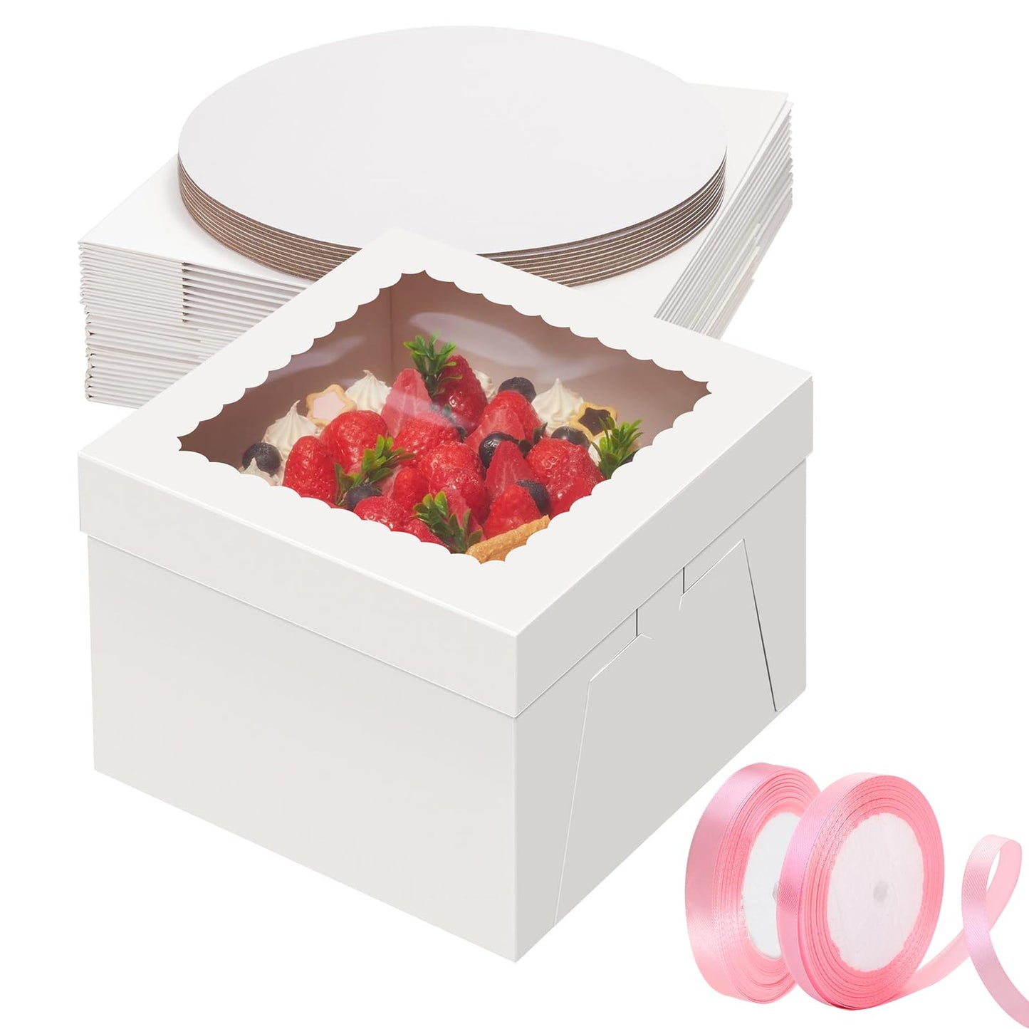 NIKONIKO 10x10x8 inch Cake Box, 10pcs Bakery Boxes with Window and 10pcs Boards, White Cookie Boxes, Disposable Cake Containers for Cookies, Macaroons and Pies