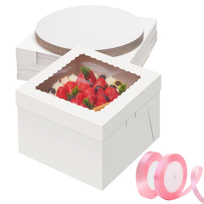 NIKONIKO 10x10x8 inch Cake Box, 10pcs Bakery Boxes with Window and 10pcs Boards, White Cookie Boxes, Disposable Cake Containers for Cookies, Macaroons and Pies