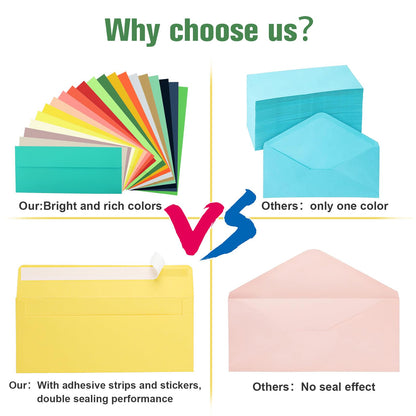 100 PCS Colorful Envelopes, #10 Business Mailing Envelopes Self Seal Square Flap for Letter, Invitations, Office, Size 4 1/8 X 9 ½ Inch