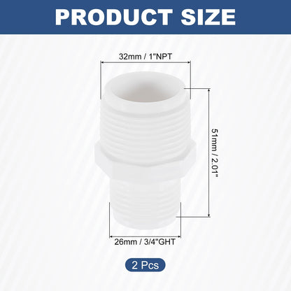 uxcell 2 Pcs Garden Hose Adapter, Male 1" NPT x 3/4" GHT Garden Hose Fitting Male Plastic Connector for Tank and Pool Pump Hoses, White