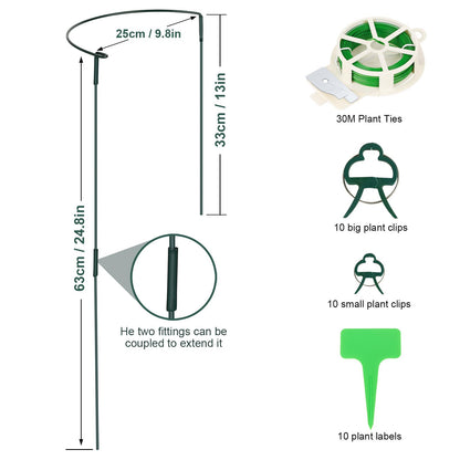 6 Pack Plant Support Stakes, Upgraded Extend Support Poles13-24 in, Metal Half Round Plant Support Ring with 10 Clips + 30m Ties +10 Label Inserts for Peonies, Tomatoes, Peonies Indoor/Outdoor
