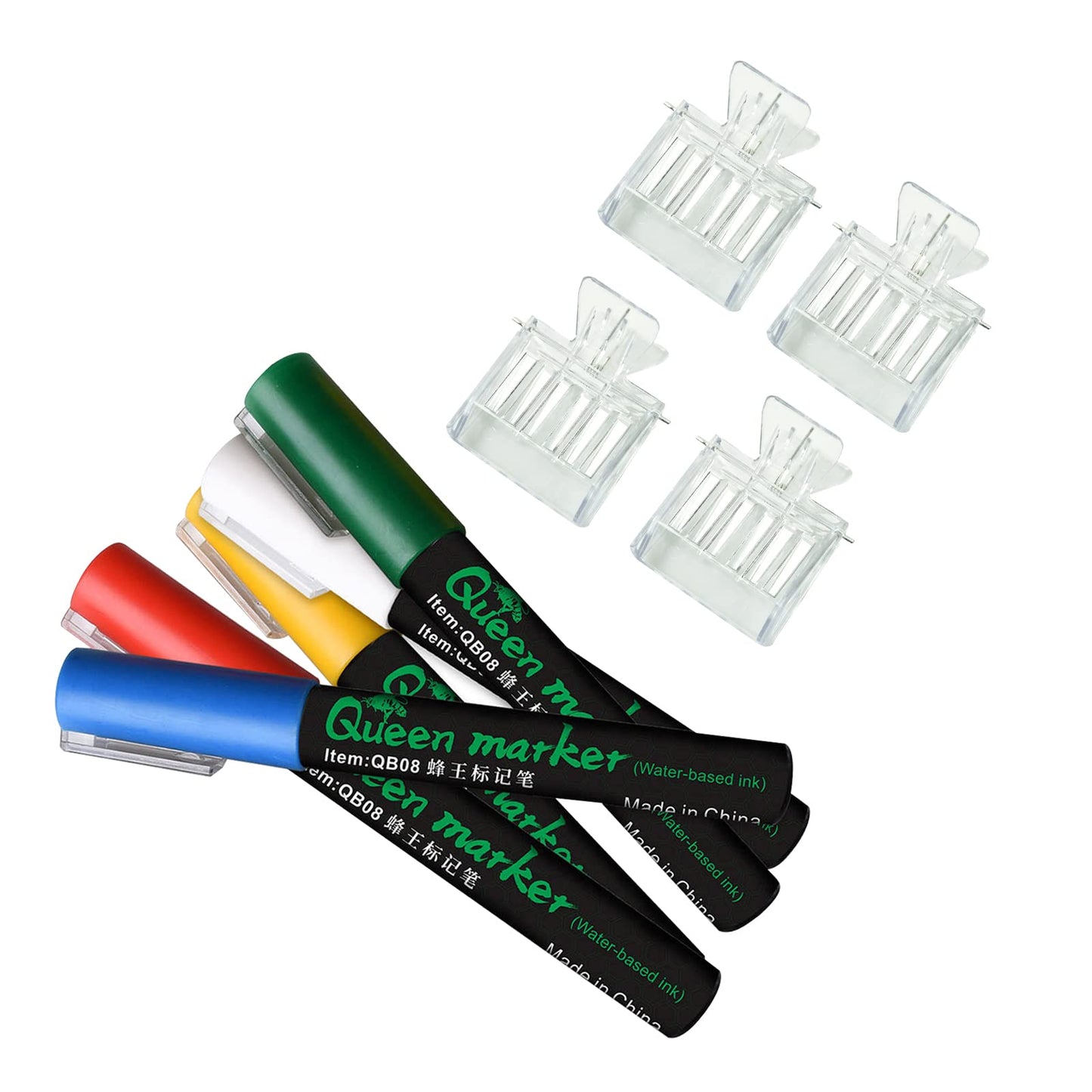 benefitbee 9PCS Queen Bee Marking Kit,5 Queen Bee Marker Pens and 4 Clear Plastic Queen Catcher Clips,Essential Beekeeping Supplies,Beekeeping Tools for Beekeeper