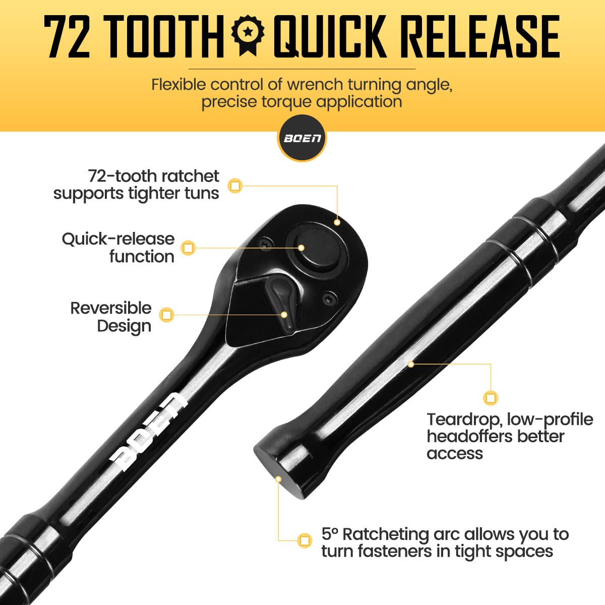 1/2-Inch Drive Ratchet Wrench, 72-Tooth Quick-Release Reversible Ratchet Wrench, Titanium Alloy Coating, High-Precision Durable Design