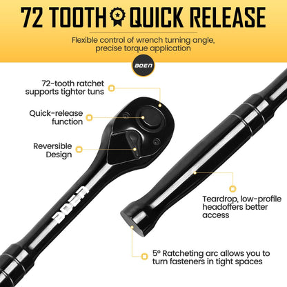 1/2-Inch Drive Ratchet Wrench, 72-Tooth Quick-Release Reversible Ratchet Wrench, Titanium Alloy Coating, High-Precision Durable Design