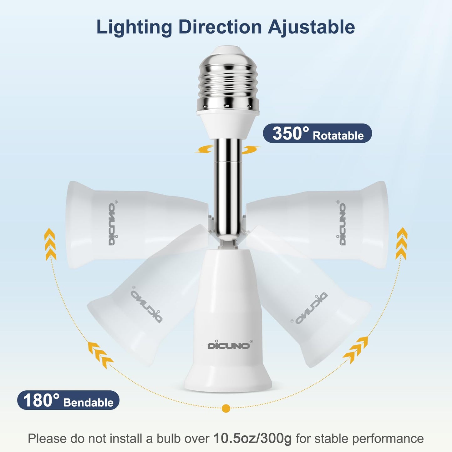 DiCUNO E26 Adjustable Light Socket Extender, 4.5-Inch Extension, 350° Rotation & 180° Bend, 6-Pack