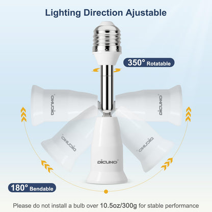 DiCUNO E26 Adjustable Light Socket Extender, 4.5-Inch Extension, 350° Rotation & 180° Bend, 6-Pack