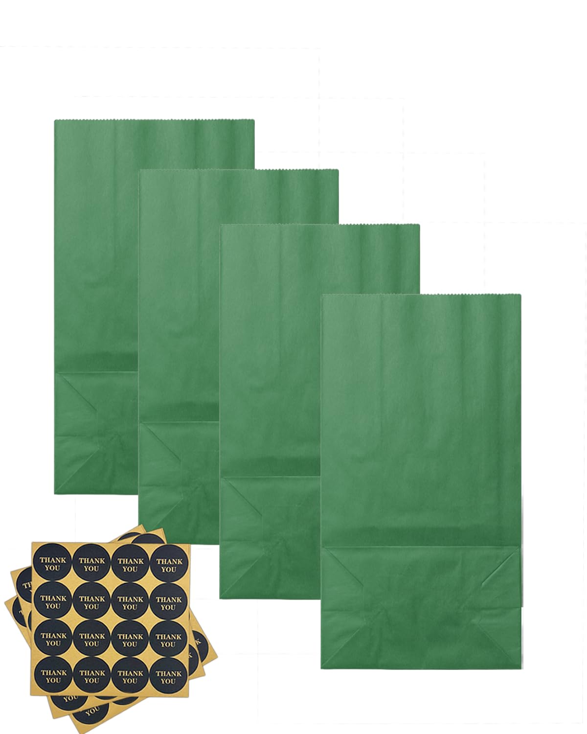 qiqee 100 Pcs Deep Green Treat Paper Bags with 100 Stickers 5.1"x3.1"x9.4" Brown Kraft Small Party Gift Bag without Handle