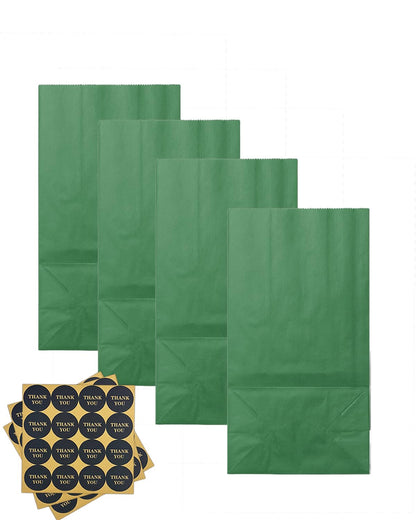 qiqee 100 Pcs Deep Green Treat Paper Bags with 100 Stickers 5.1"x3.1"x9.4" Brown Kraft Small Party Gift Bag without Handle