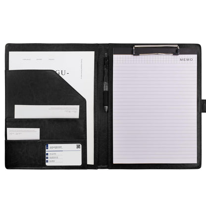 VANRA Padfolio Clipboard Folder Leather Portfolio Binder Organizer Interview Resume Folder for Papers Legal Document A4 Letter Size Writing Pad Notepad Clip Boards with Business Card Holder (Black)