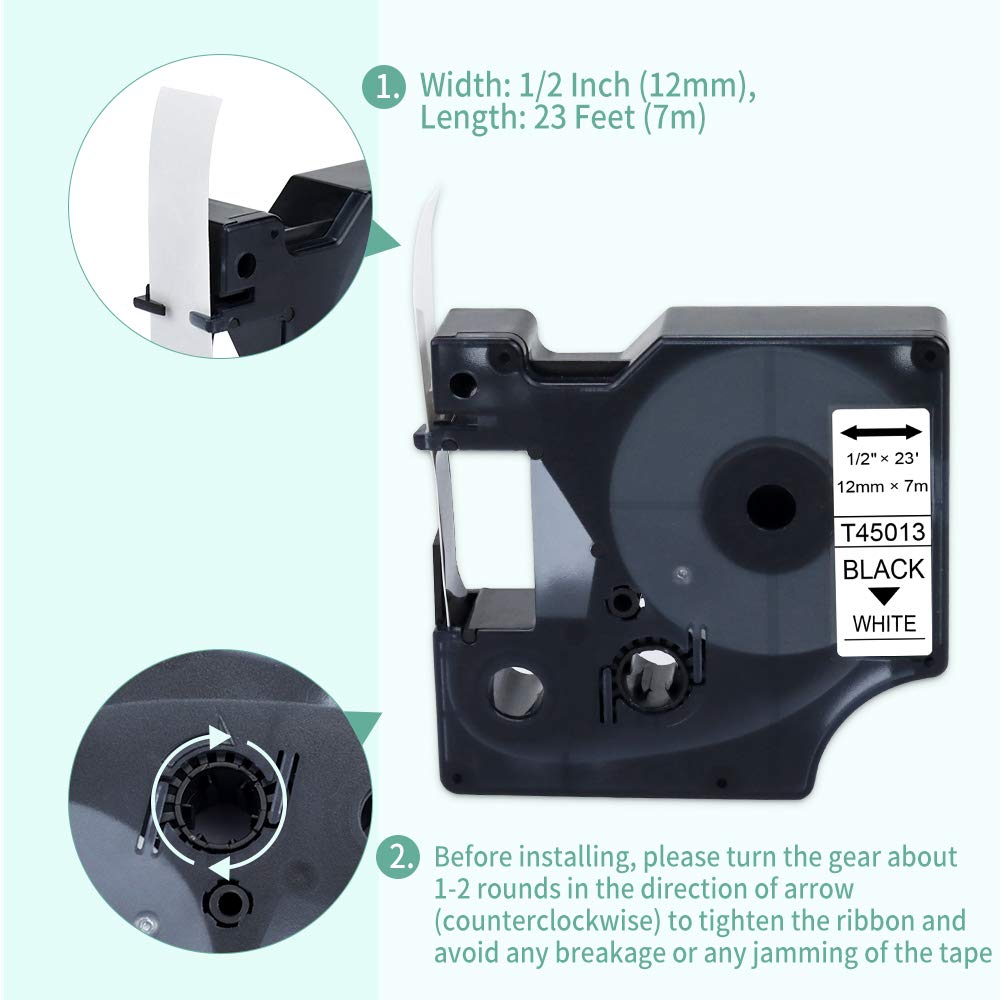 5- Pack Compatible 12mm 45013s Refills for D1 45013 S0720530 Black on White Label Maker Tape Cassette for LabelManager 160 210D 450 280 420P PnP 220P 360D, 0.47 Inch x 23 Feet