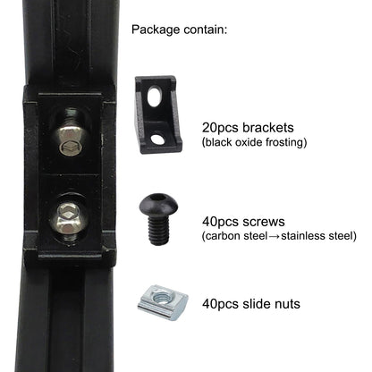 20Sets Black 2020 Series Aluminum Profile Connector Set, 20pcs Corner Bracket, 40pcs T Nuts and Hex Screw Bolt for 2020 Series Aluminum Rail Accessories