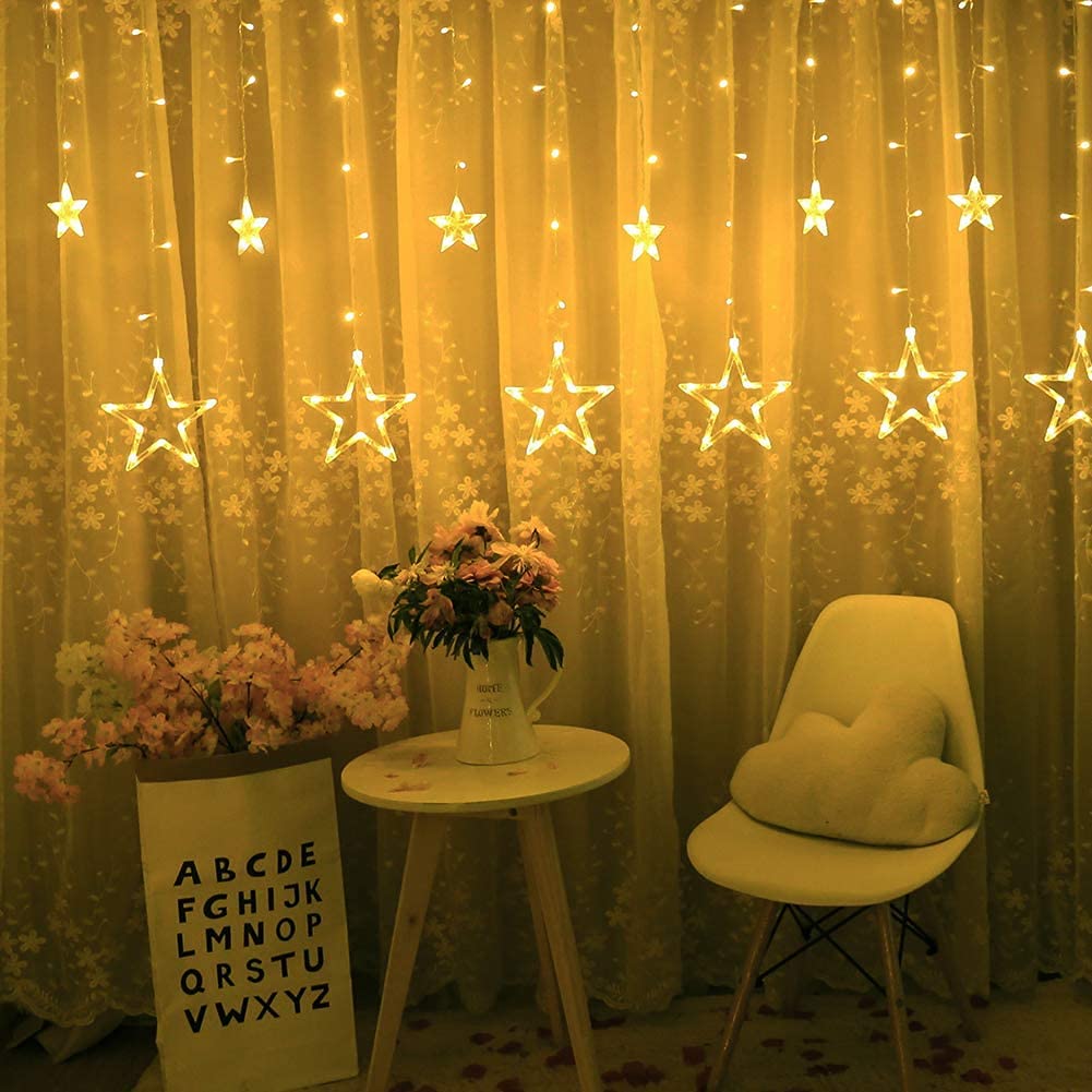 12 Stars 138 LED Curtain Lights, Christmas Outdoor Decor Window Curtain String Lights with 8 Flashing Modes Ramadan Decoration for Christmas, Wedding, Party, Home Bedroom Decorations (Warm White)